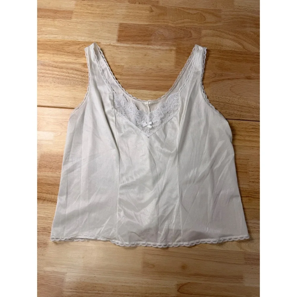 Vintage Ivory White Satin Lace Trim Camisole Tank Top Sleepwear Bow Detail - Picture 6 of 6